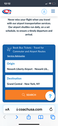 Booking a ticket on the coachusa website - step 1 enter your origin and destination details
