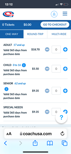 Select the ticket type required